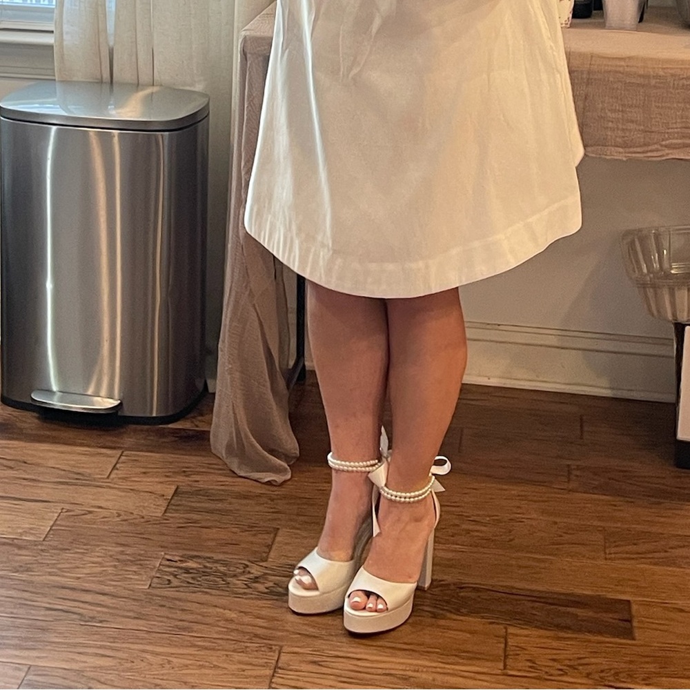 White Satin Peep-Toe Heels with Pearl Ankle Strap size 9